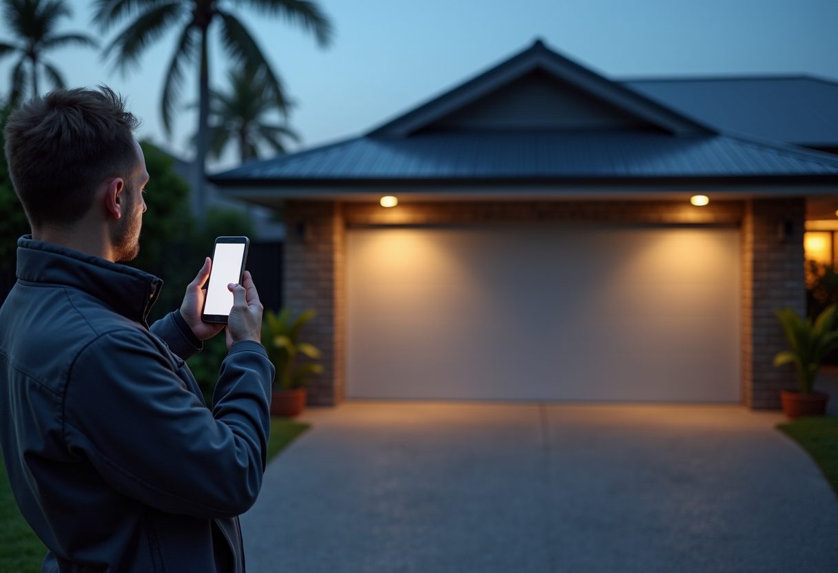 Smart garage door opener installation at dusk — Wynnum